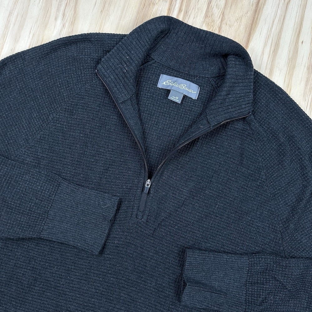 Eddie Bauer Men's Medium Charcoal Gray 1/4 Zip Waffle Thermal Merino Wool Blend
